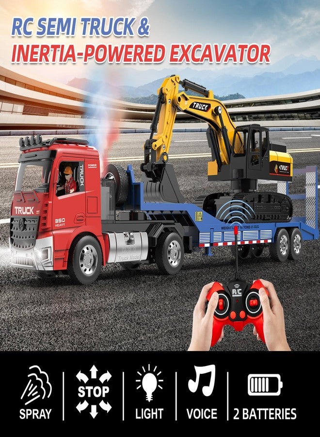 Fistone RC Semi-Trailer Truck & Friction Powered Excavator Toy Set, 1:24 Scale with Sound and Lights, 6 CH Remote Control Flatbed Truck and Inertia-Powered Excavator Toys for Kids Boys，Red - Image 2